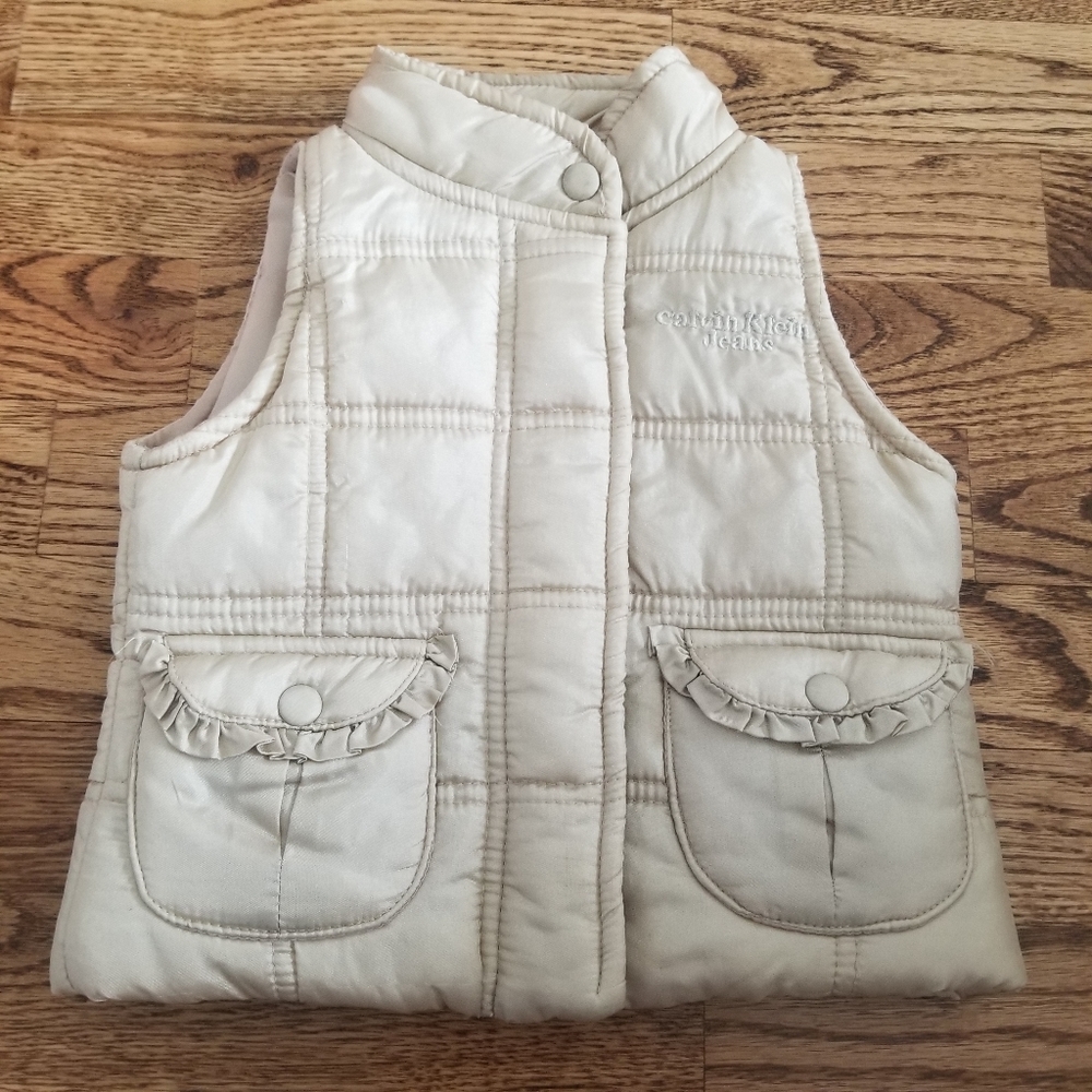 (12M) Calvin Klein Metallic Puffer Vest Ruffle Baby Fashion Cozy Outdoor Quilted